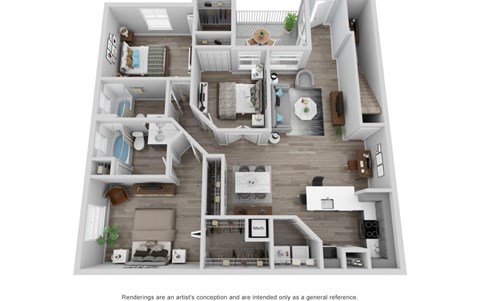 A 3D floor plan of a house with a kitchen, living room, and bedrooms.